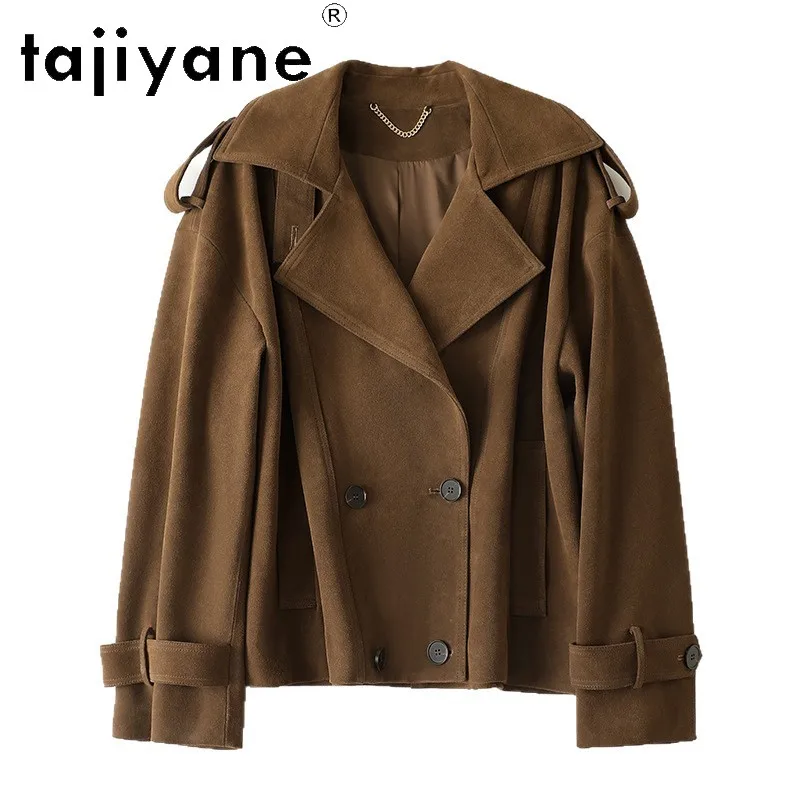 TAJIYANE Genuine Leather Jacket Women Cow Suede Vintage Jackets of Woman Oversized Outerwear Lapel Leather Trench Coat Jaqueta