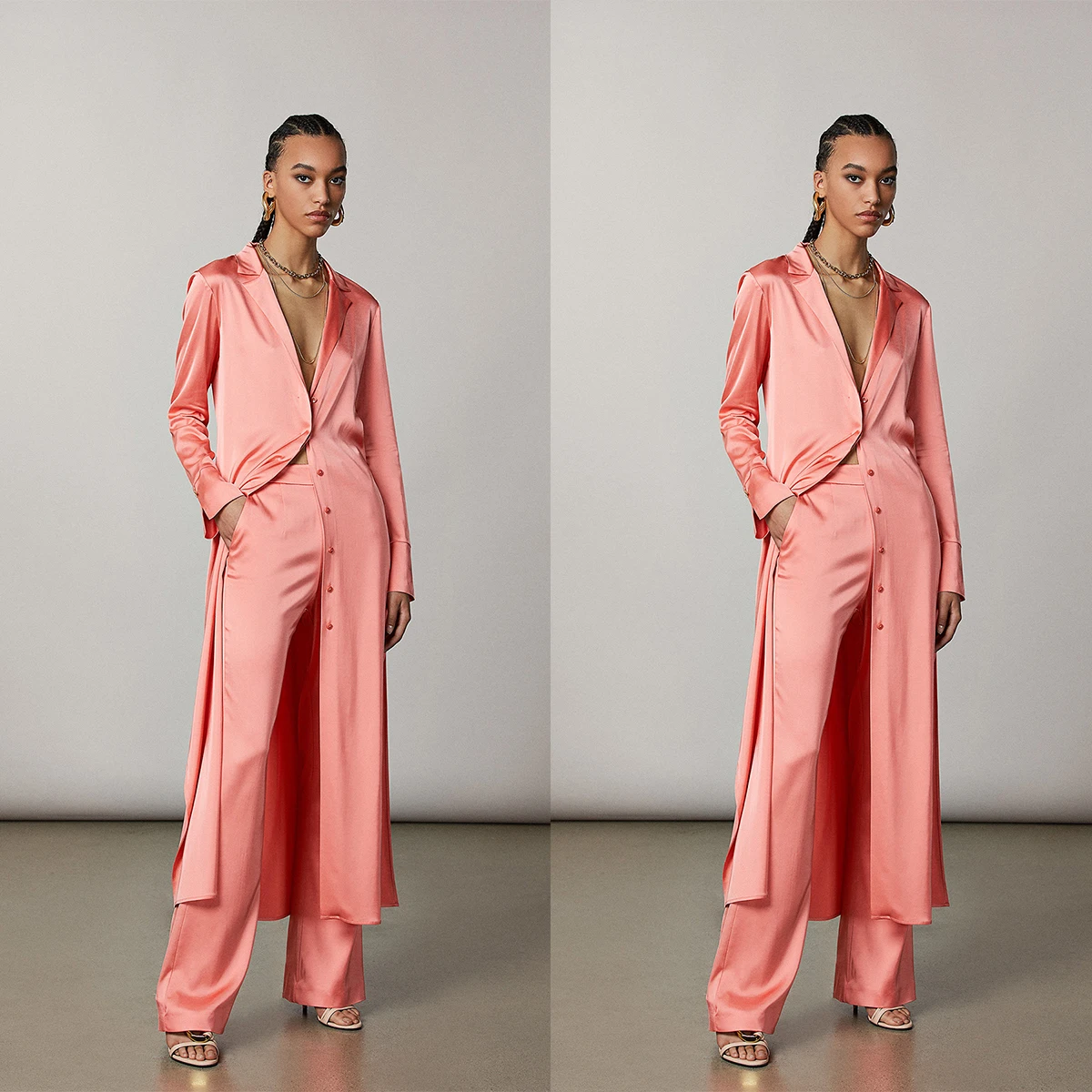 Summer Loose Satin Women Suits Notched Lapel X Long Blazer 2 Piece Fashion Casual Suit Set Custom Made