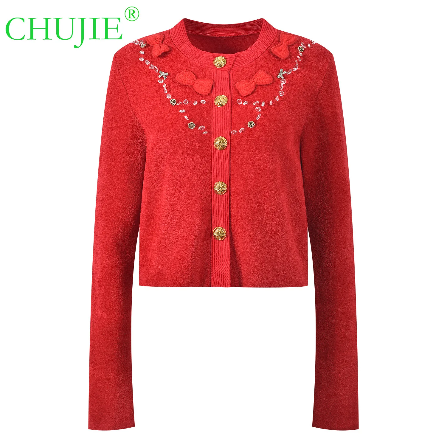 

CHUJIE 2025 Winter New French Style Floral Beaded Embroidery Round Neck Single-Breasted Short Knitted Cardigan Top