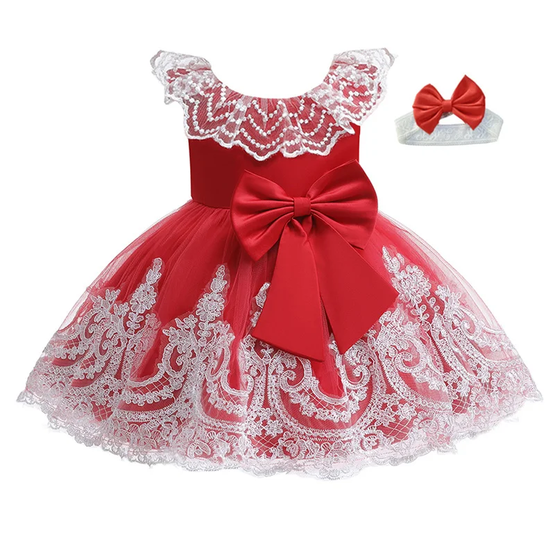 Baby Girls Lace Bow Baptism Dress Newborn Princess Birthday Custume Sleeveless Tutu Toddler Christening Kids Dresses for Girls