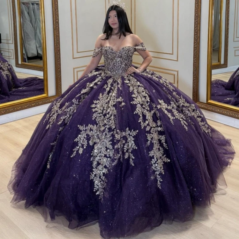 

Purple Shiny Quinceanera Dresses Ball Gown Off The Shoulder Applique Lace Beading Crystal Bow Tull Corset Party Birthday vestid