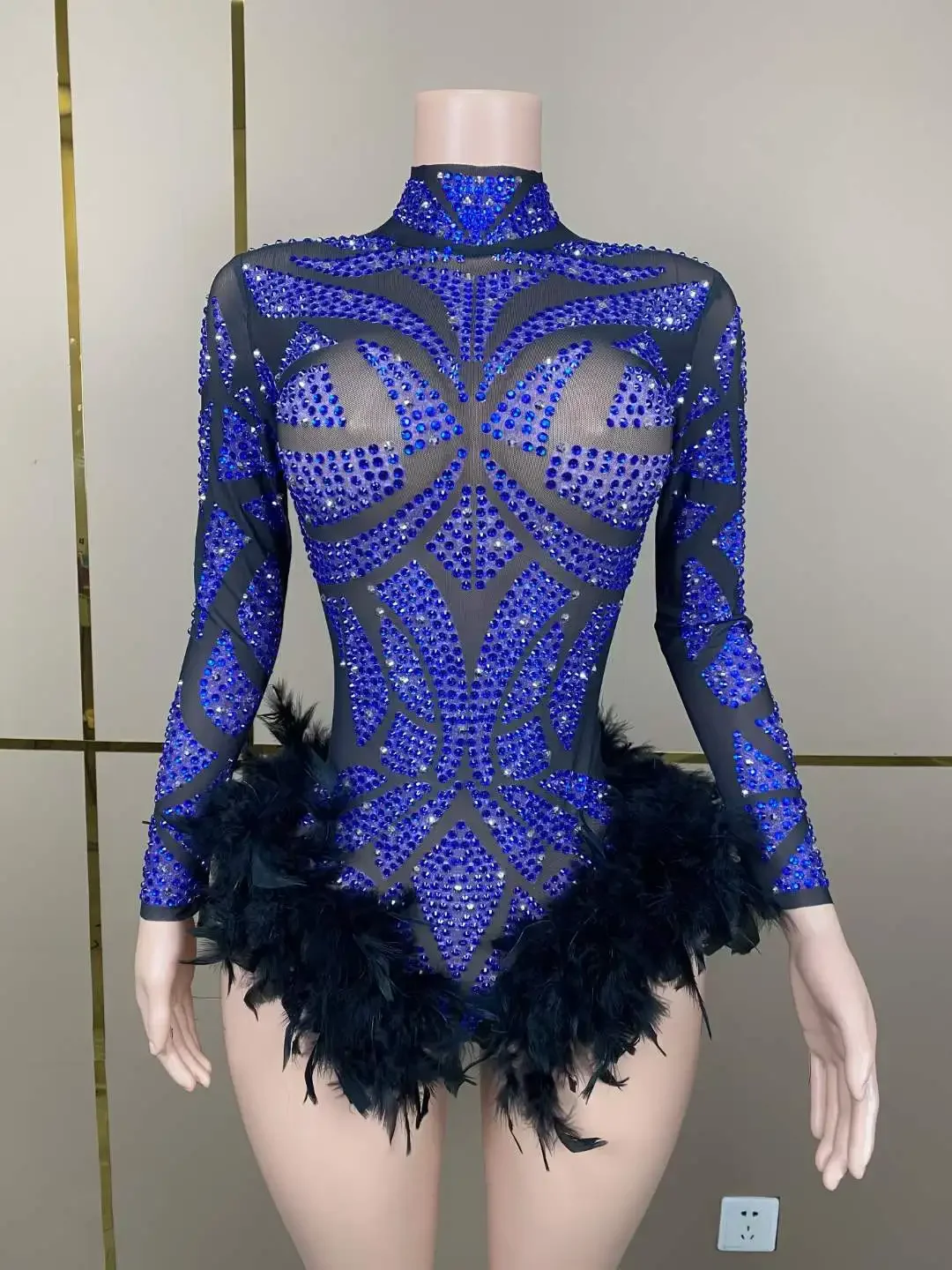 Rhinestone Bodysuits Long Sleeve With Feather Sparkly Leotard Dance Costume Stretch Fabric Drag Queen Outfit Nightclub DJ DS Go