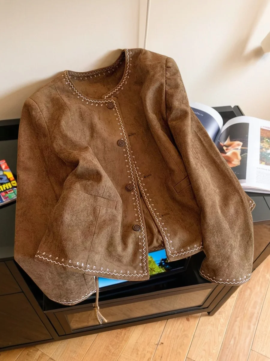 

Ретро-куртка из замши с круглым вырезом, женская, модная, универсальная, весенне-осенняя, теплая, с длинными рукавами, однотонная, укороченная.