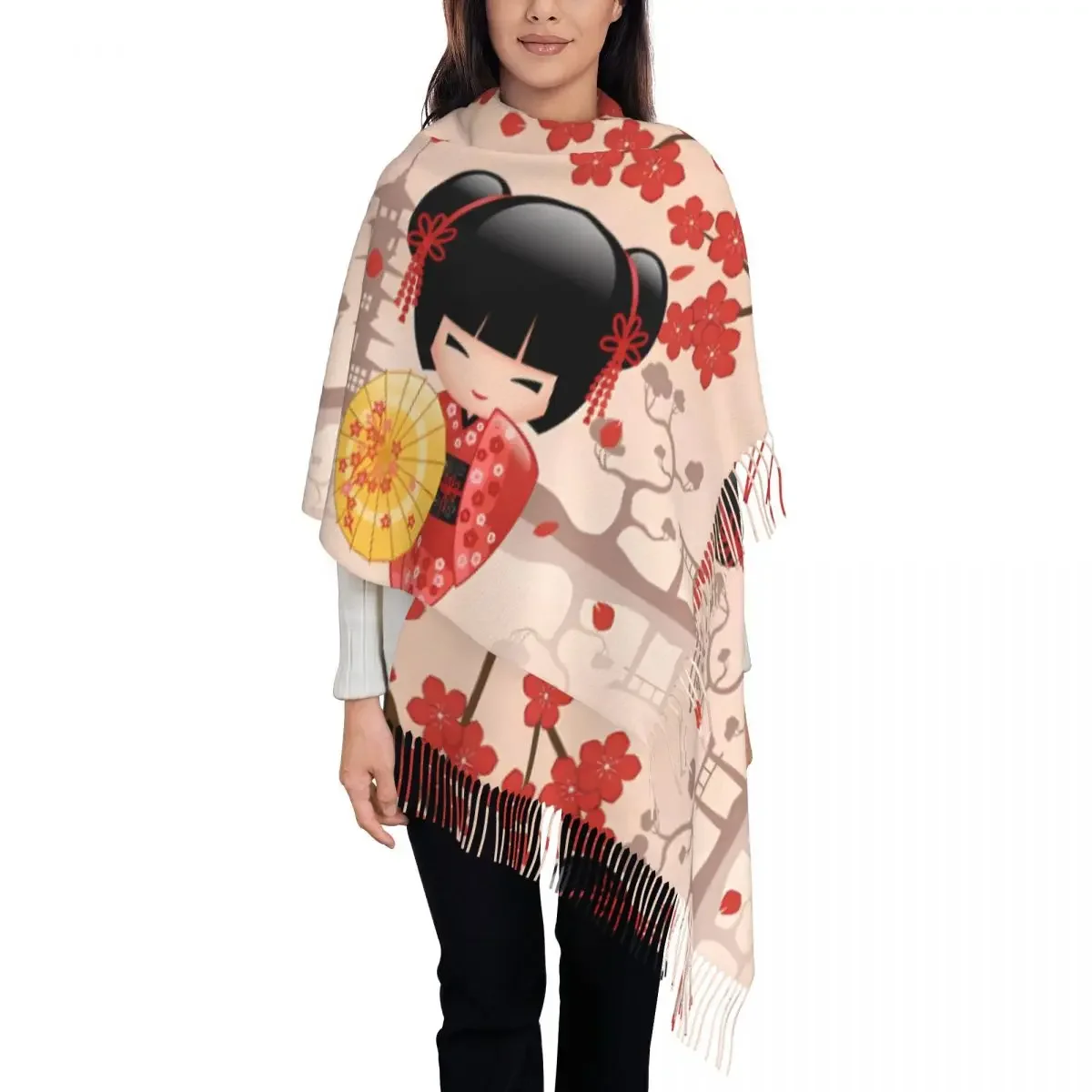 Women Scarf Warm Soft Japanese Red Sakura Scarves Wraps with Long Tassel Kokeshi Doll Vintage Shawls Wrpas Autumn Bufanda Mujer