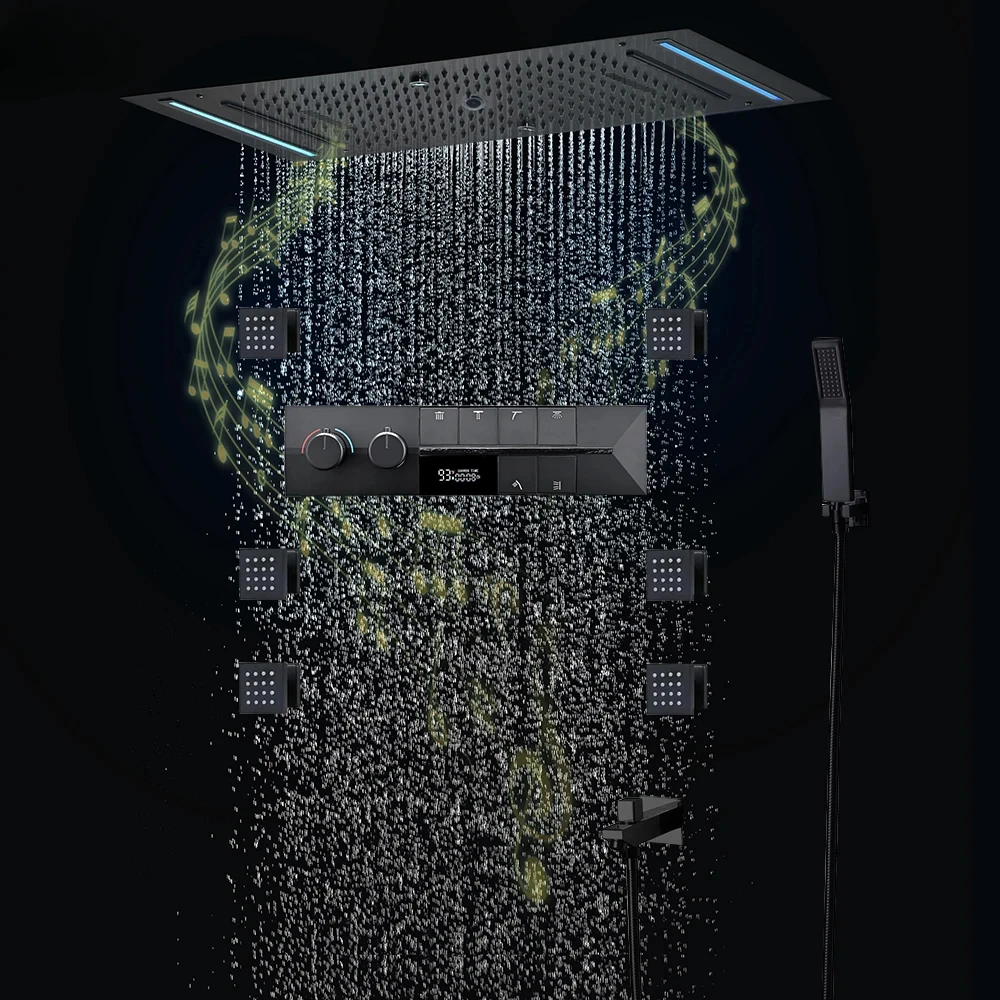 

Bathroom Luxurious Matte Black Shower Systems Feature Thermostatic Valves Ceiling Rainfall Showerhead Powerful Body Jet
