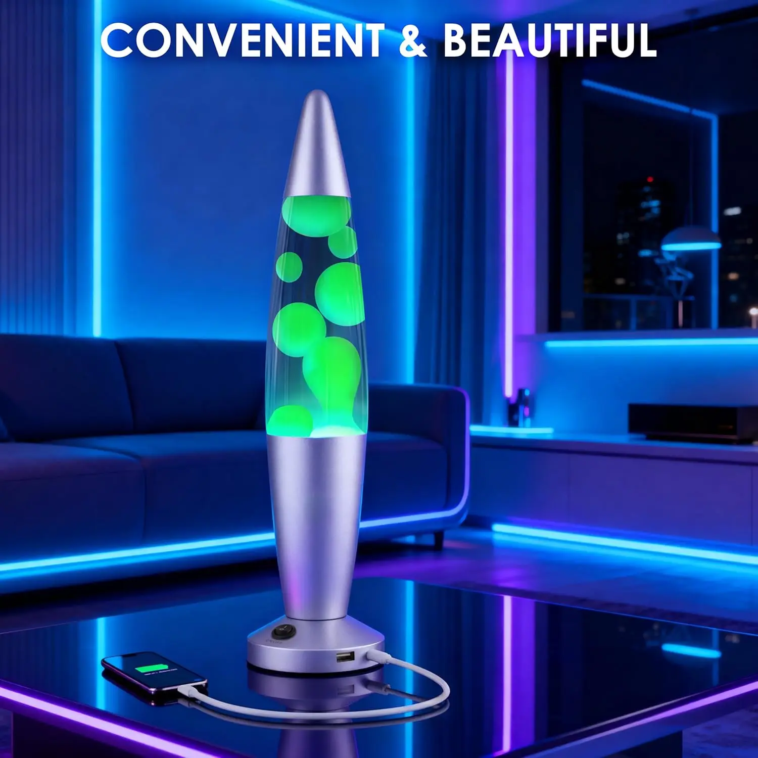 Lampada liquida a movimento da 16" con porte USB, luce notturna in cera gialla liquida blu per camera da letto, soggiorno, ufficio