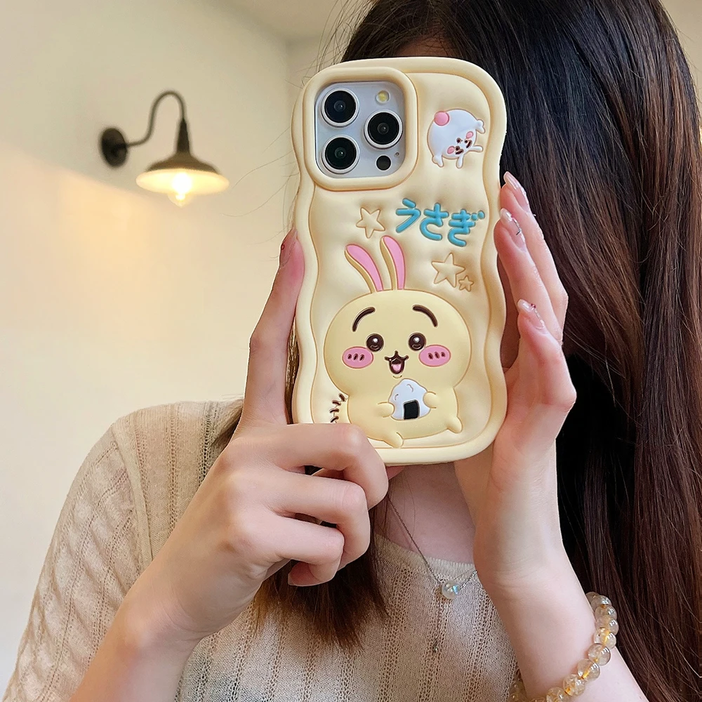 Kawaii Cartoon U-Usagi 3D Wave Phone Case for IPhone 15 14 13 12 11 Pro Max Drop-resistant Soft Silicone Back Cover Funda