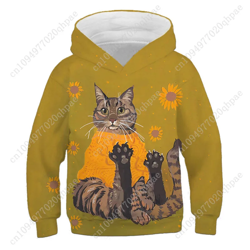 ملابس أطفال بناتي بغطاء للرأس بأكمام طويلة لطيفة ثلاثية الأبعاد مطبوعة على شكل قطة ملابس أطفال للربيع والخريف ملابس كاواي خارجية للأولاد والبنات ملابس علوية