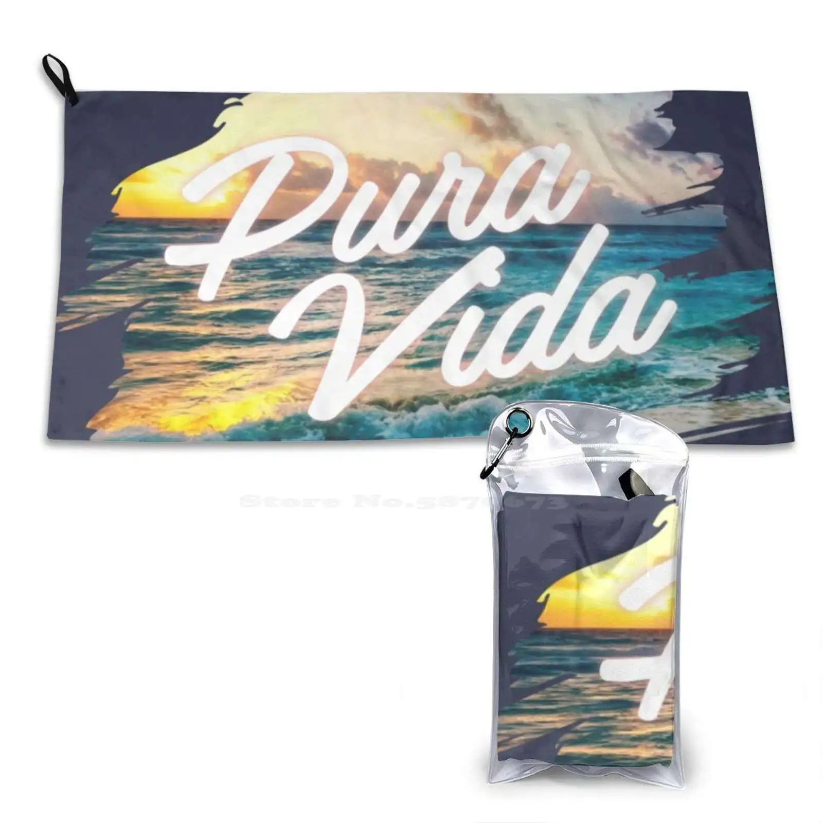 Pura Vida Sunset Brush Typography Custom Soft Sport Towels Home Outdoor Rica Brush Paints Background Sea Shore Beach Ocean