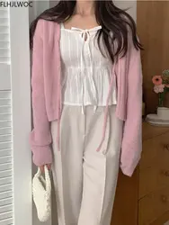 2022 New Design Korea Chic Tops Blusa Flhjlwoc Design Bow Tie Short Crop Peplum Top Ruffles White Sexy Square Neck Women Blouses