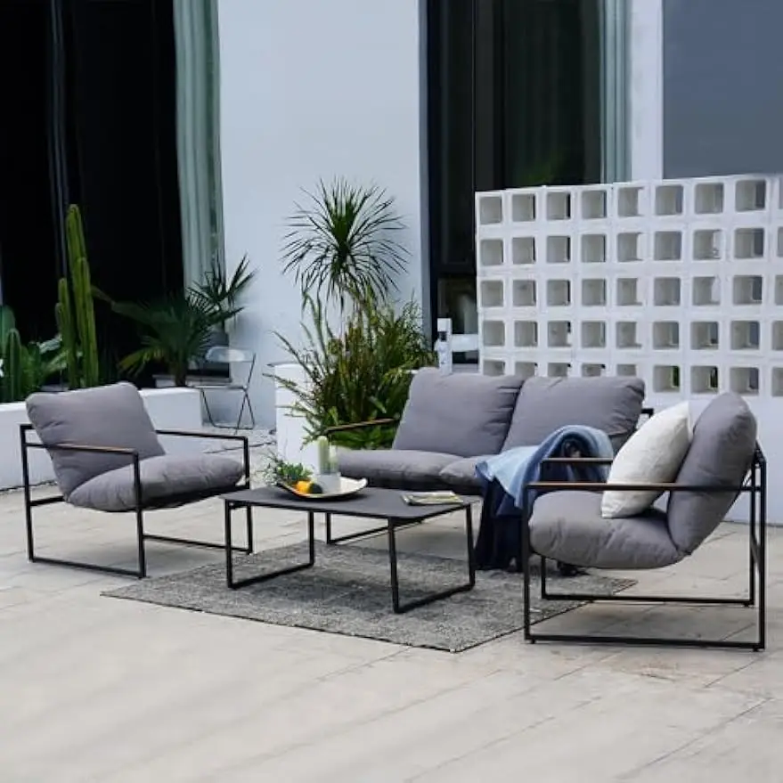 4-Piece Patio Furniture Set, Outdoor Patio Sofa Set with Cushion, Modern Metal Couch Loveseat Chairs Coffee Table