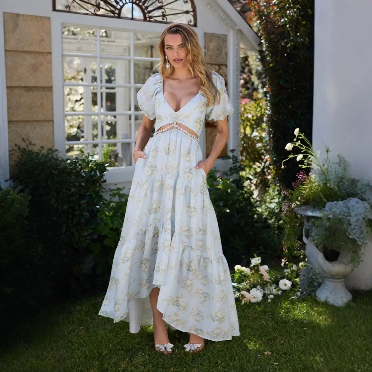 Sexy perla Nelace impreso abertura alta V-Ne Dr con Flng Sve tela de poliéster ort Sve cintura alta primavera Dr