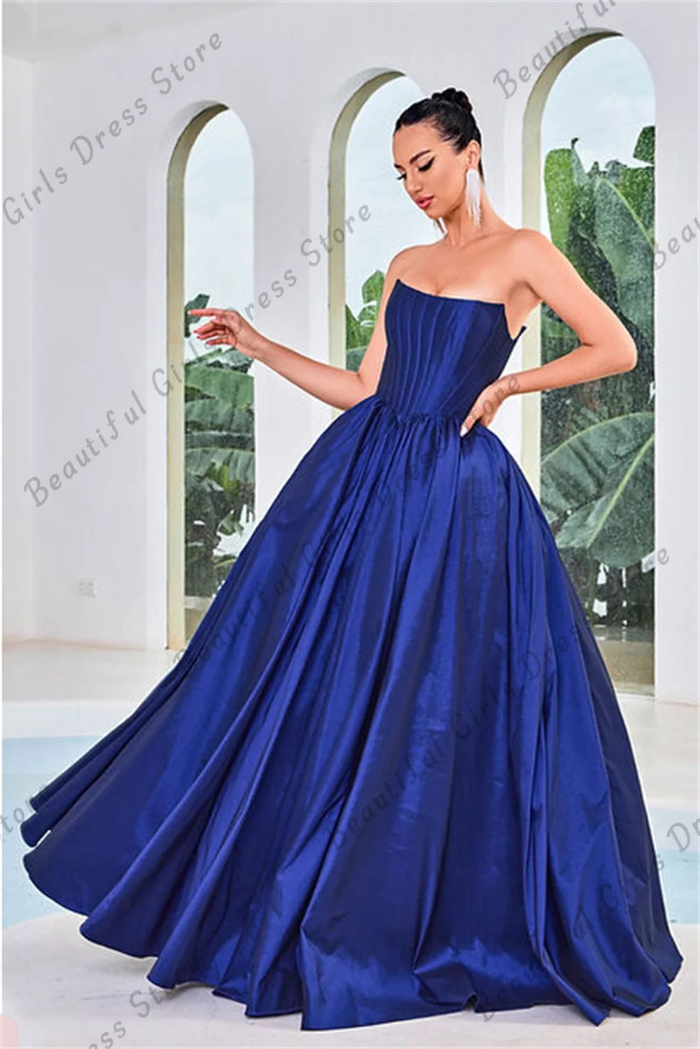 

Elegant Strapless Satin Prom Dresses Pleated Corset Formal Ball Gowns Sleeveless Backless A-line Long Evening Gowns for Women