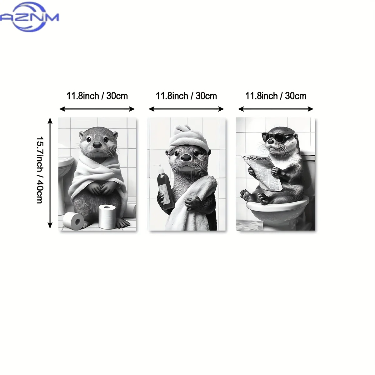 3pcs/set Unframed Funny Otter Bathing and Reading Newspaper Canvas Print Black and White Cute Animal Bathroom Wall Art Poster fo