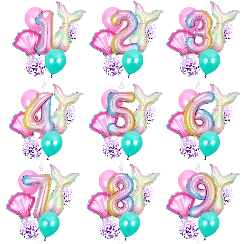 9Pcs/Set 32 Inch Mermaid Number Balloons Foil Balloon Helium Happy Birthday Party Decorations Kids Latex Ballon