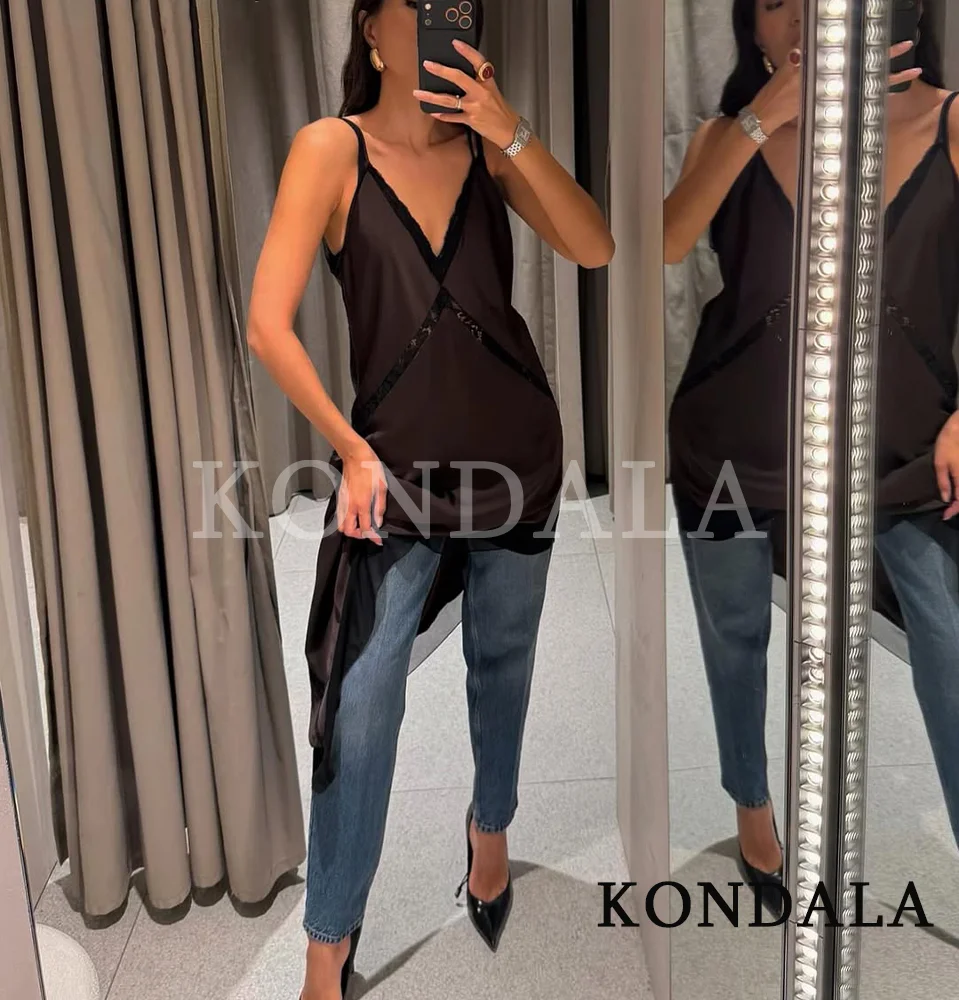 KONDALA サテン非対称サスペンダーミディド​​レス V ネックスプライシングセクシーなパーティードレス女性ドレス 2026 春夏ホリデードレス