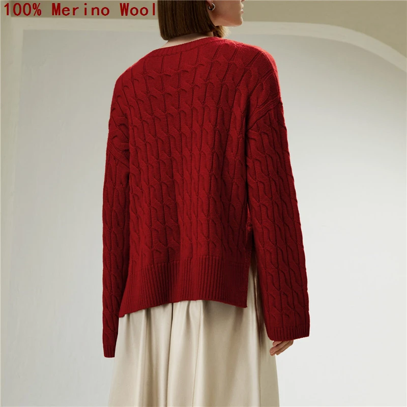 เสื้อสเวตเตอร์ขนแกะเมอริโนแท้ 100% ลายบิดเกลียวคลาสสิก ทรงหลวม คอกลม ไซส์ใหญ่ สำหรับฤดูใบไม้ร่วง/ฤดูหนาว ถักหนา สไตล์ลำลอง ทันสมัย