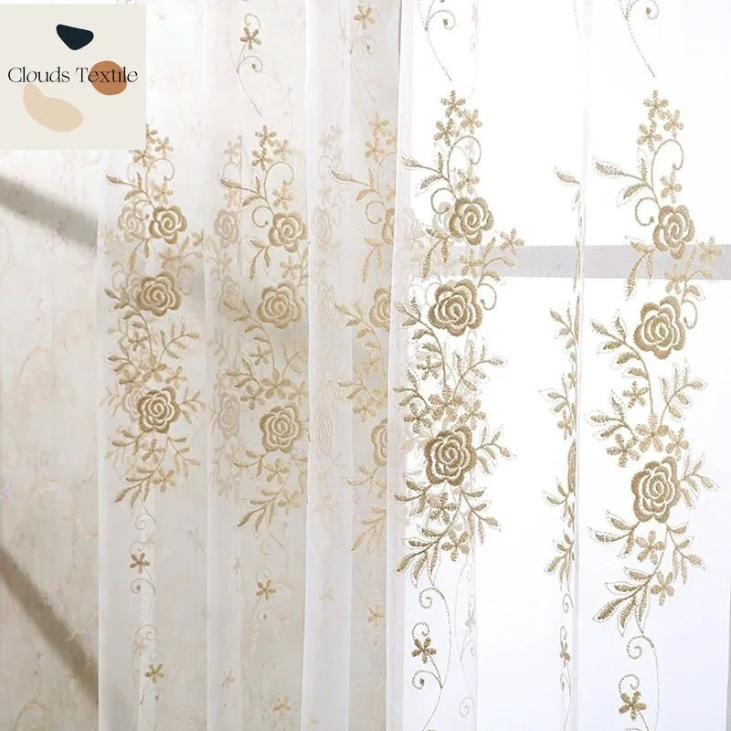 Luxo moderno rosa sheer cortina para quarto cozinha cortinas para sala de estar design floral tule janela triagem fio