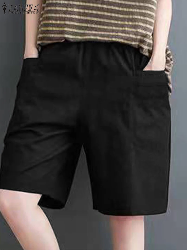 ZANZEA Summer Women Shorts Vintage Solid Color Half Pants 2025 Street Casual Korea Elastic Waist Pockets Short Bottoms Femme