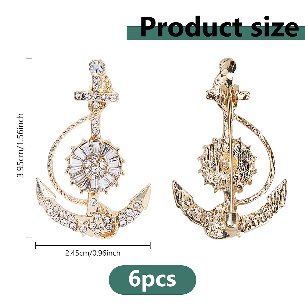 6Pcs Anchor Brooch Lapel Pin Sparkling Rhinestone Anchor Brooch Golden Boatanchor Brooches Nautical Lapel Pins Sparkling Sailor