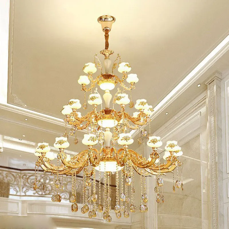 European-style villa duplex building zinc alloy building middle floor living room hollow hall crystal chandelier staircase long