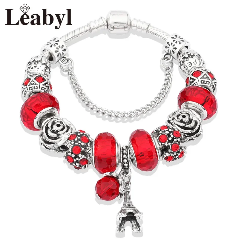 Elegant Red Crystal Women's Bracelet with Charm Silver Color Eiffel Tower Flower Bead Bracelet Valentine's Wedding Gift