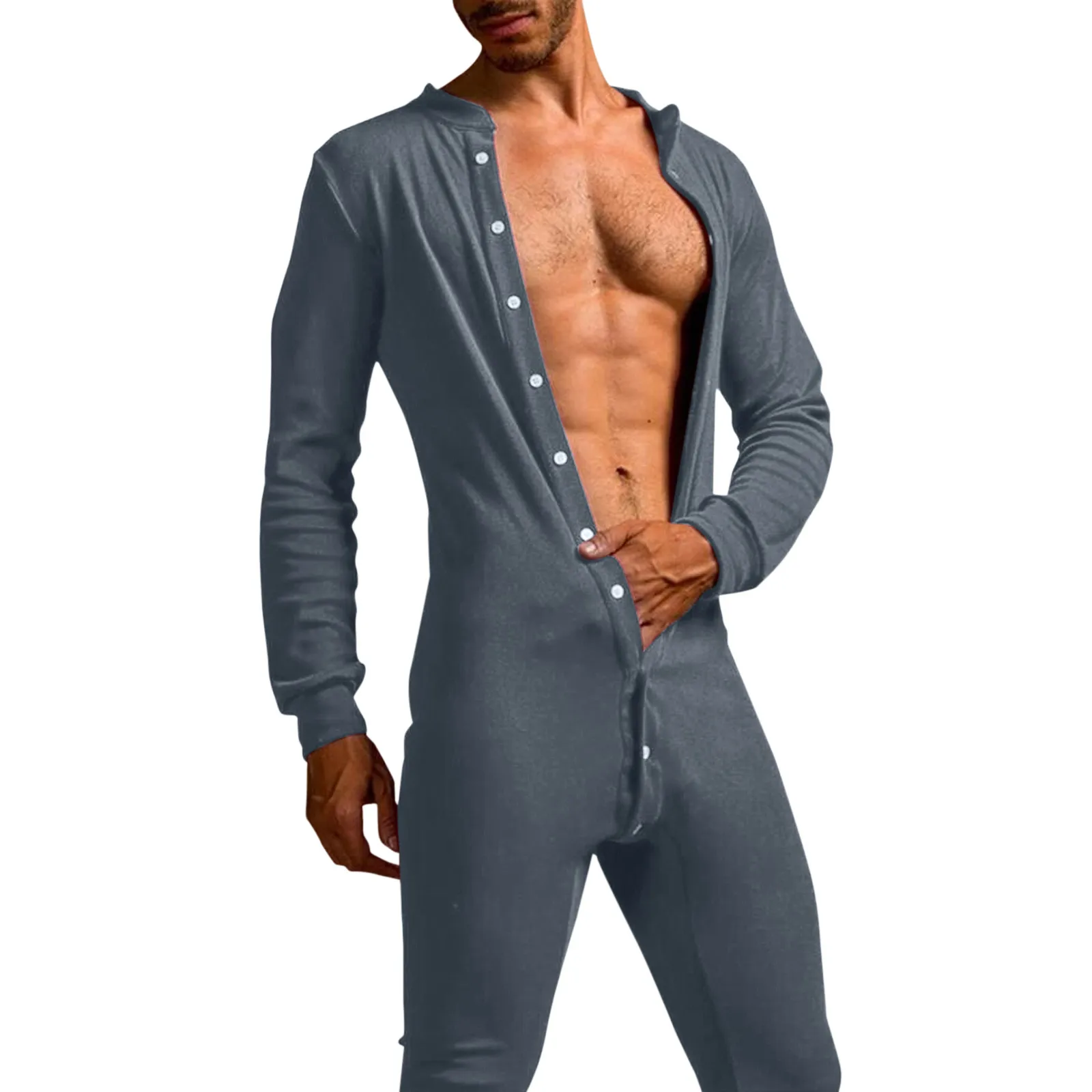 Mens Onesie Pijama Bodysuit Front Open Button Functional Buttoned Sexy Adults Jumpsuit Adult Long Sleeve Warm Home Wear Male