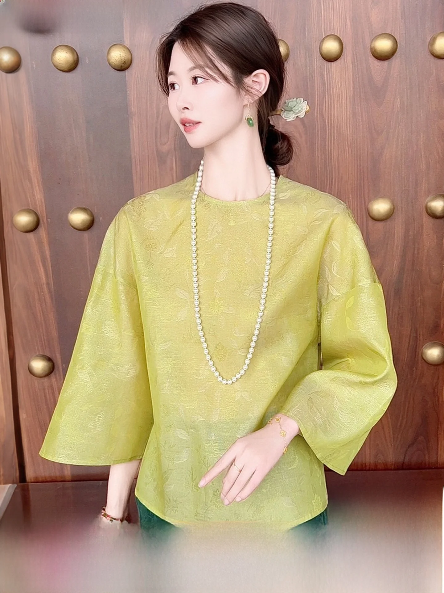 

Summer Thin New Chinese Style Silk T-Sleeve Top Women Loose Sensation Silk Seven-Arm Sleeveless Shirt Breathable