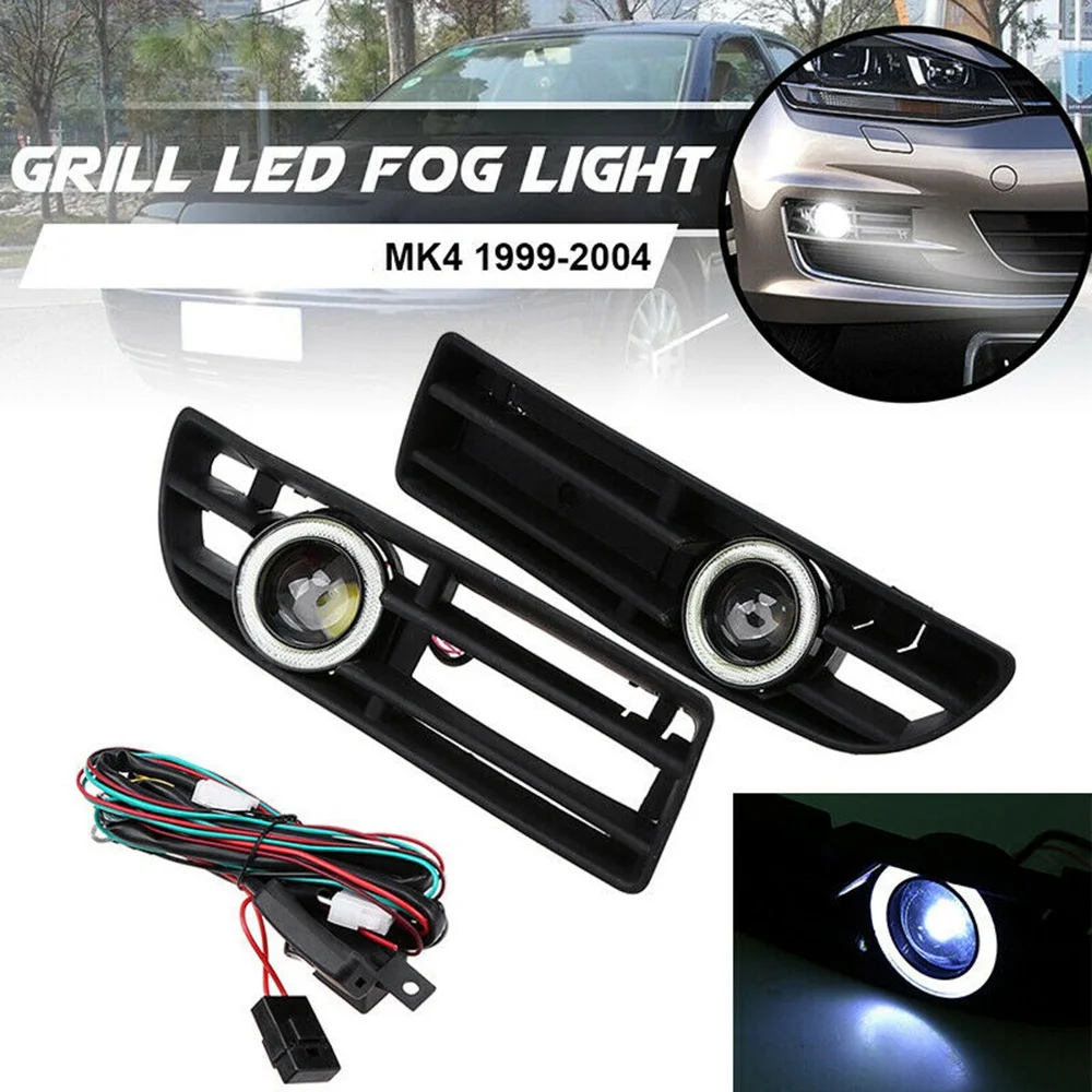 1Pair LED Fog Lights Angel Eyes Lamp Car Front Bumper Grille Grill Cover with Wire Kit for -Jetta Bora MK4 1999-2004