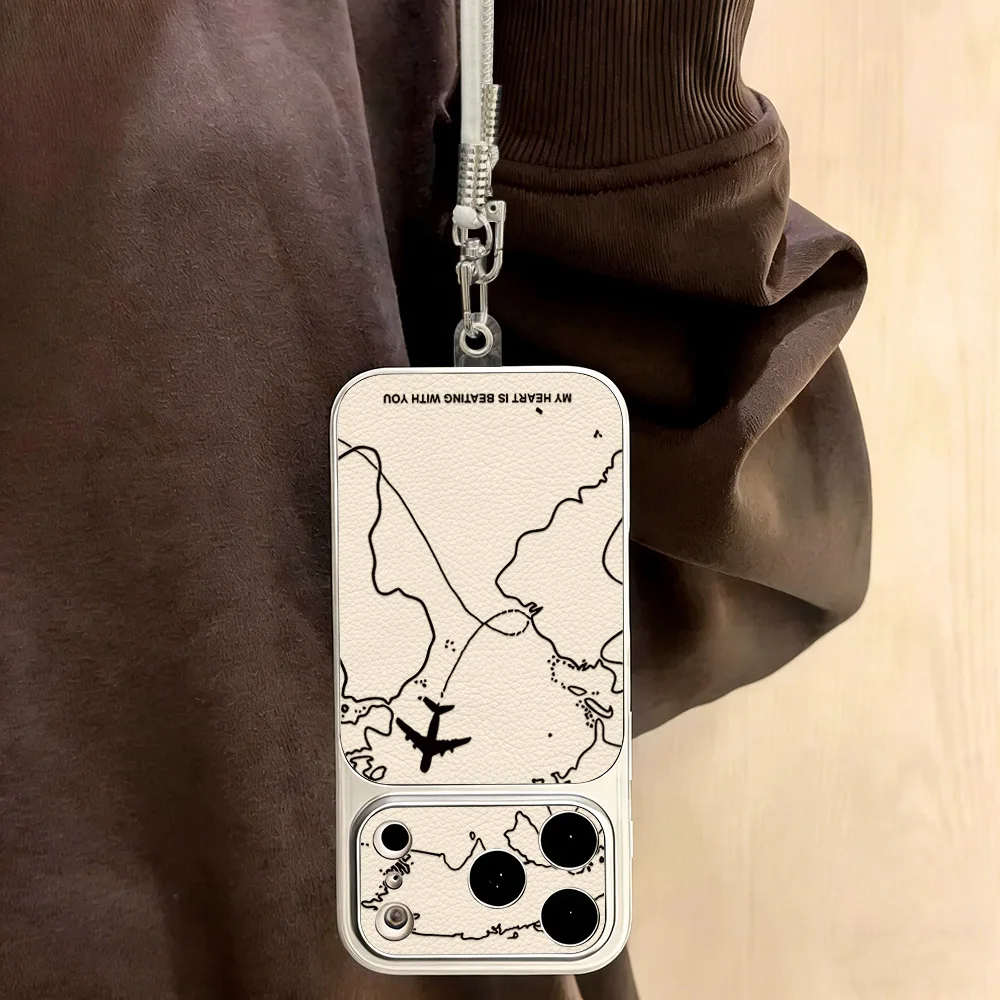 Travel-Inspired Airplane Route Phone Case For iPhone 17 Pro 16 13 14 15 Pro Max 12 11 Leather Soft Silicone Cover With Lanyard view 3