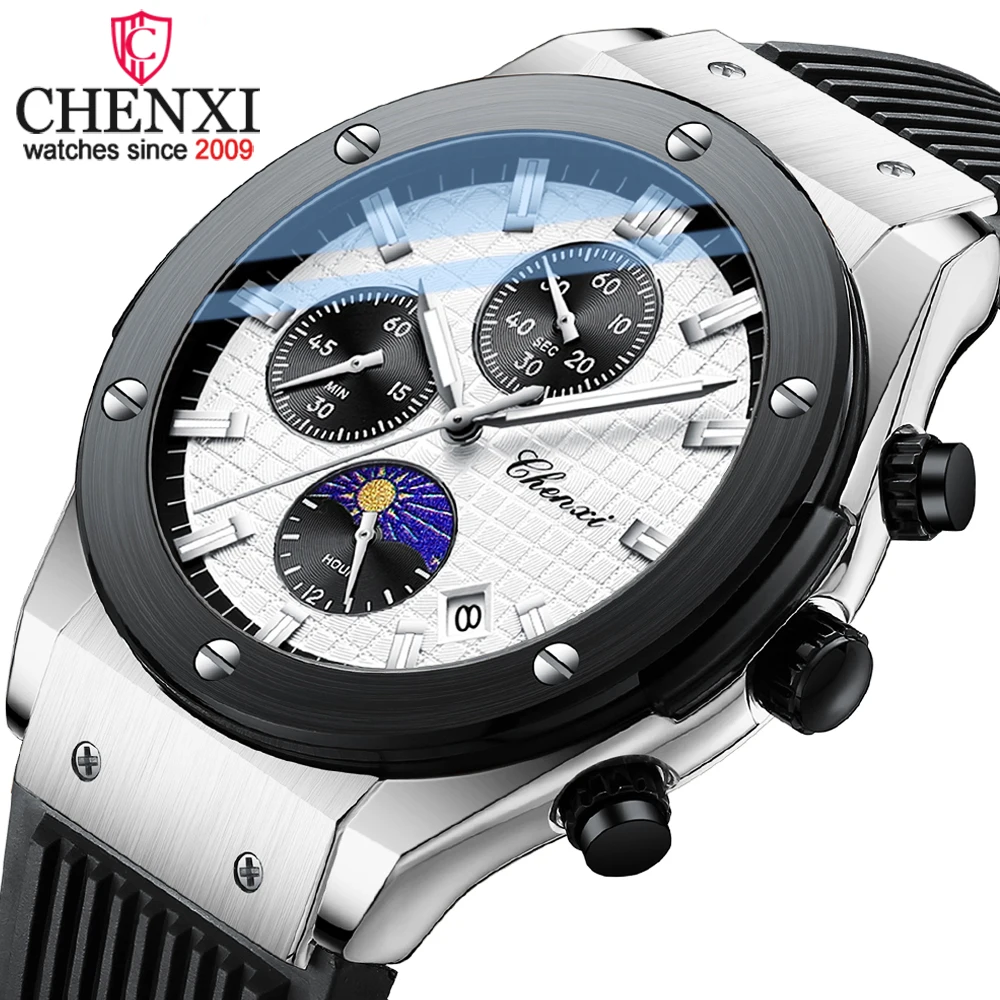 Fashion Chenxi Top Brand Luxury Mens Sports Calendar Moon Phase Quartz Men Chronograph Waterproof Silicone Strap Wrist Watches