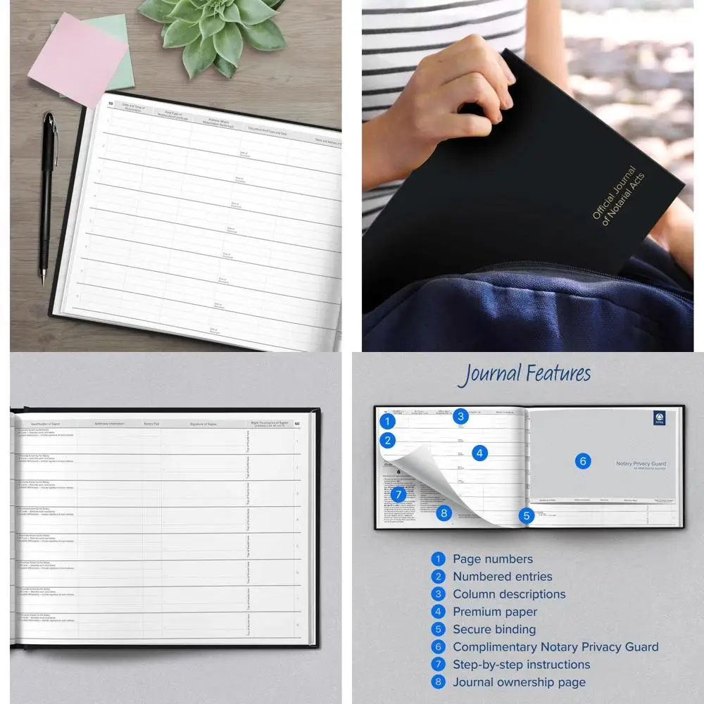 

Нотарный журнал Executive в кожаном переплете с ленточной меткой и защитой конфиденциальности — 122 страницы, 488 назначения — гладкий черный