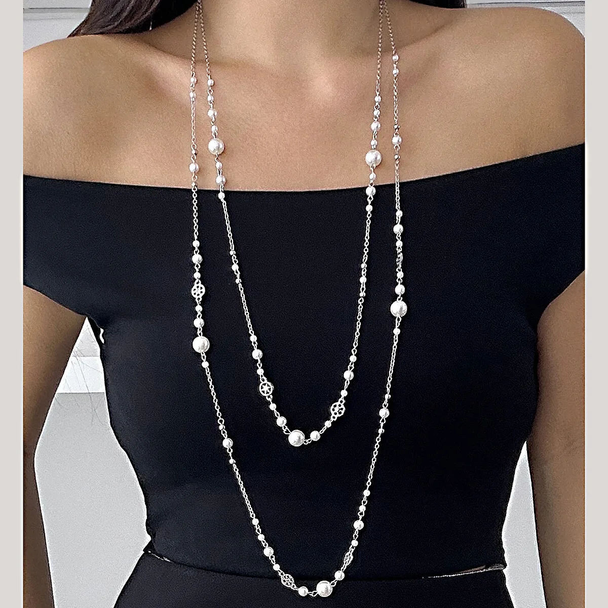 Star Tassel Sweater Chain Faux Pearl Stackable Long Necklace Vintage Ins Style Elegant Daily Wear for Women