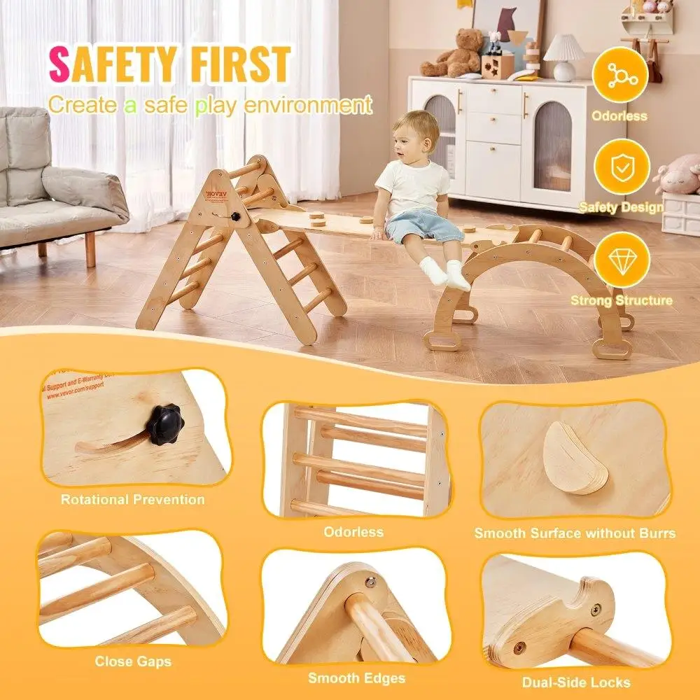 나무 피클러 삼각형 클라이밍 세트 (1~3세 유아용) 실내 놀이터 5 in 1 경사로 아치 몬테소리 체육관 자연색