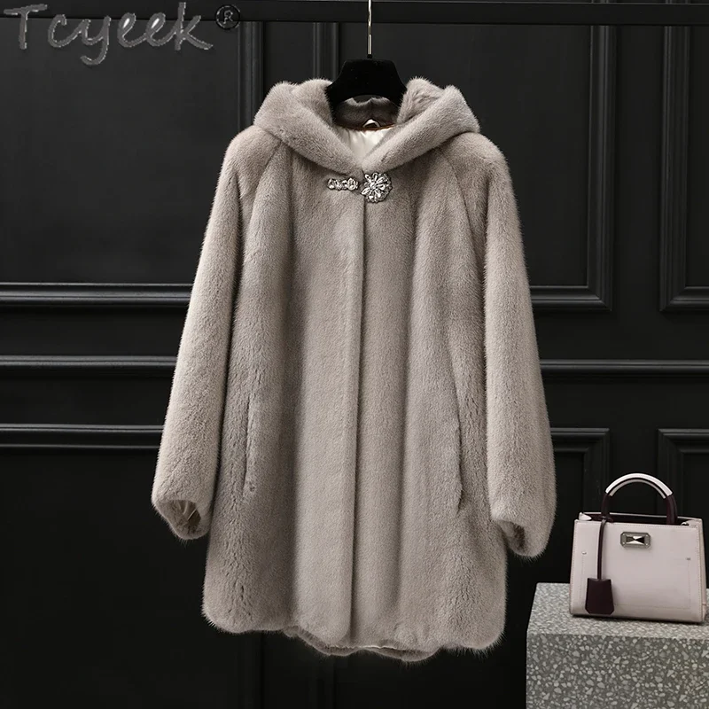 Tcyeek Natural Mink Fur Coat Women Hooded High-end Real Fur Jackets Woman Elegant Korean Fur Coats Winter Women's Fur Jacket