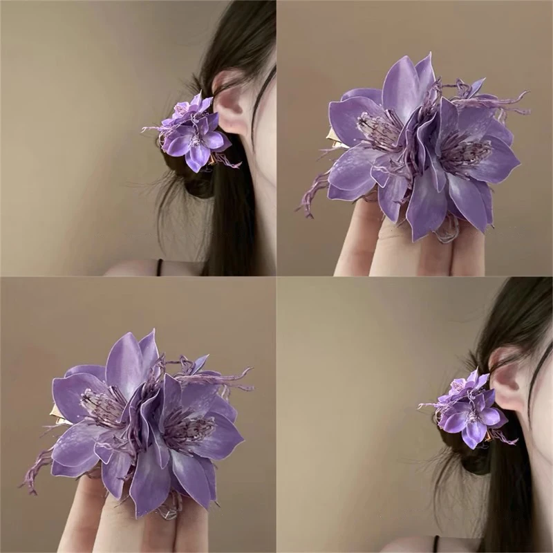 

Elegant Purple Color Big Jasmine Flower Shape Hair Clip Girls Women Korean Fashion INS Floral BB Hairpin Photo Hair Accessories