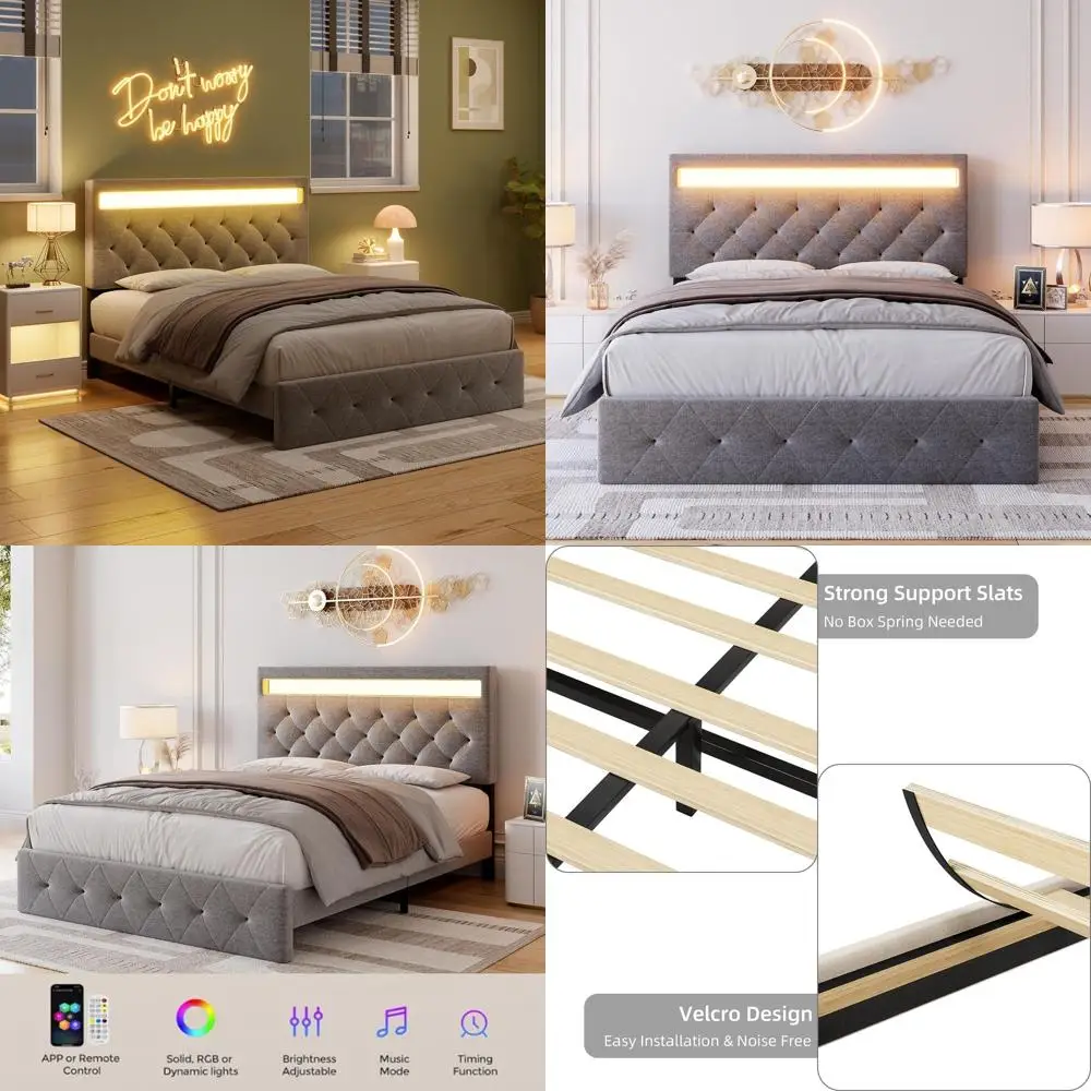 

Queen Size Upholstered Bed with Charging Station, LED Lights, Adjustable Headboard, Wood Slats, No Box Spring Needed, Easy Assem
