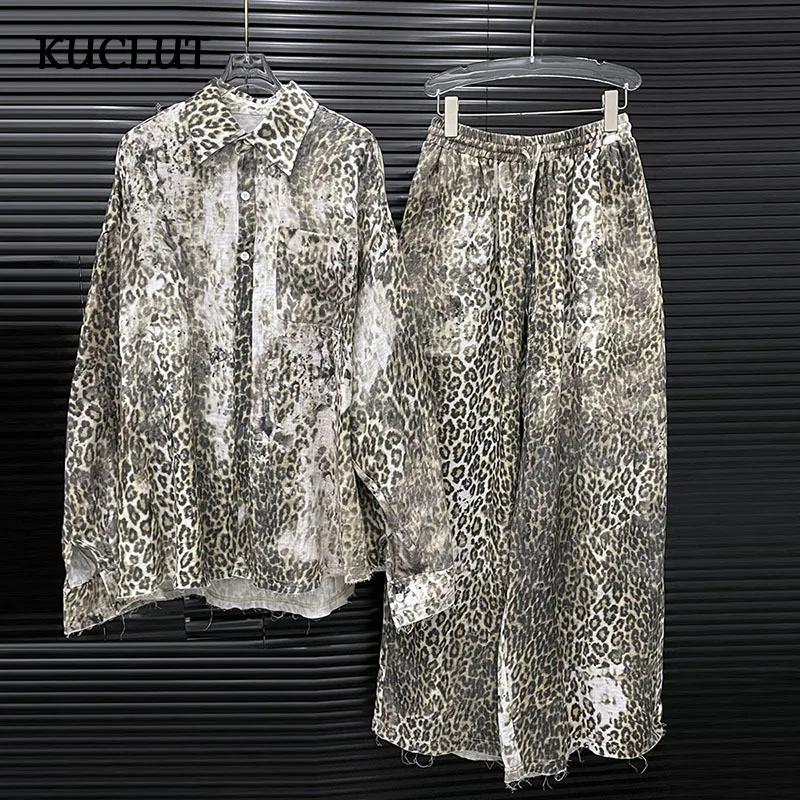 

KUCLUT Fashion Loose Leopard Print Single-breasted Long Sleeve Shirt For Women High Waist Straight Wide Leg Casual Pants 1A213