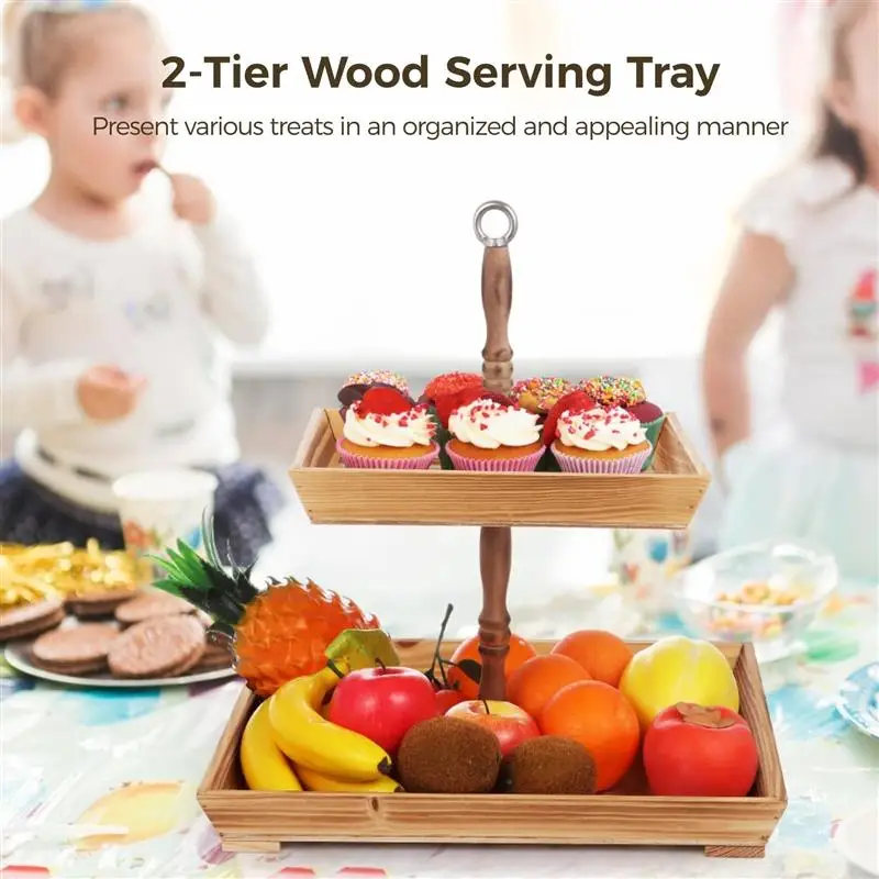 2-Tier Wood Tray Rustic Square Tiered Serving Tray Farmhouse Dessert Stand Decor Display Serving Plate For Cupcakes Fruit Crafts