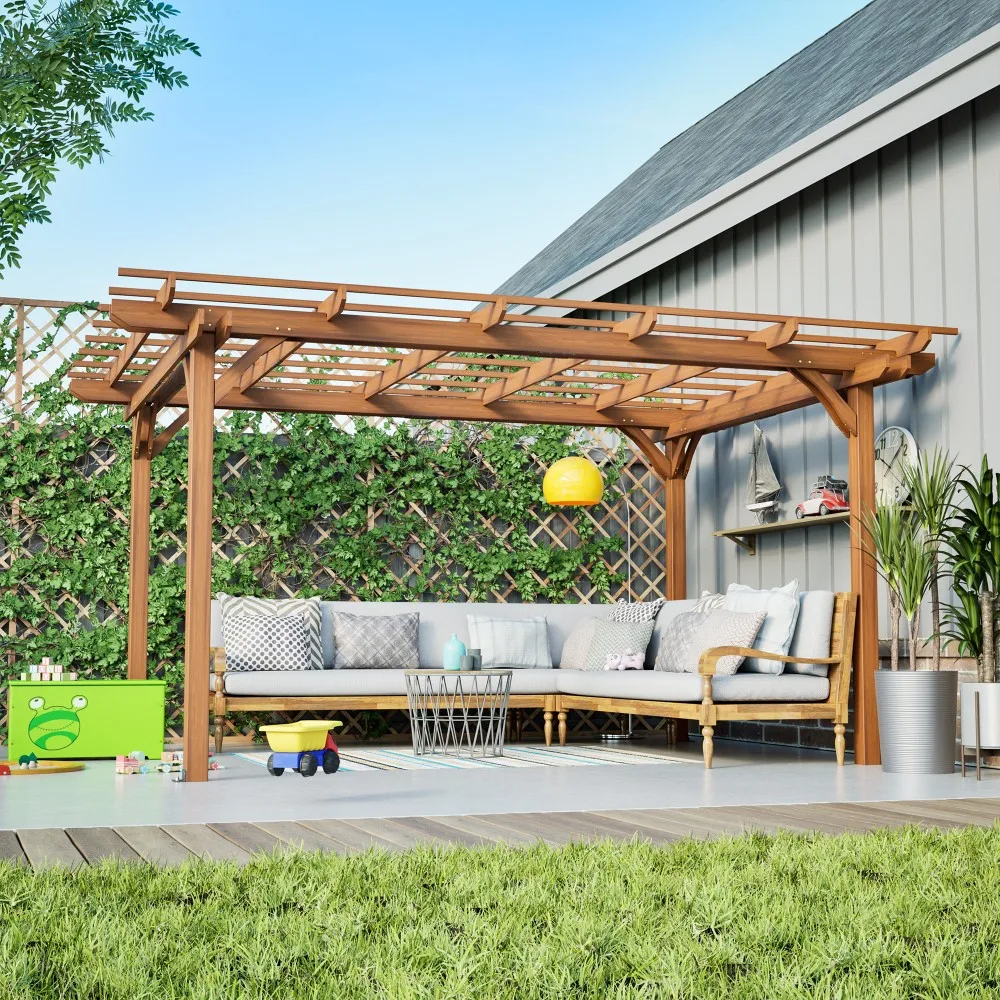 

！@12x10FT Modern Outdoor Wooden Pergola Solid Fir Wood Grape Trellis Climbing Plant Support Garden Patio Deck Outdoor Furniture