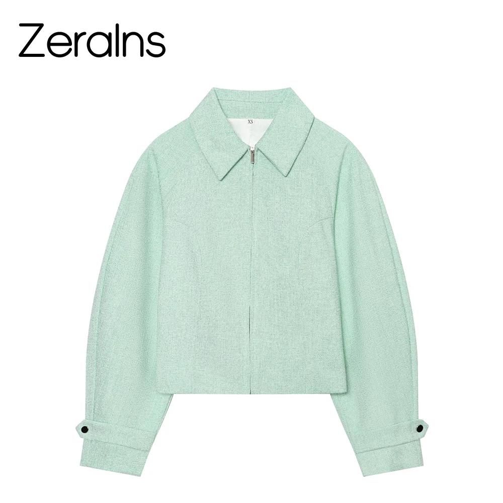 ZERAINS 2026 Autumn New Product Women's Simple Casual Long Sleeve Flip Collar Zipper Decorative Texture Short Jacket Coat
