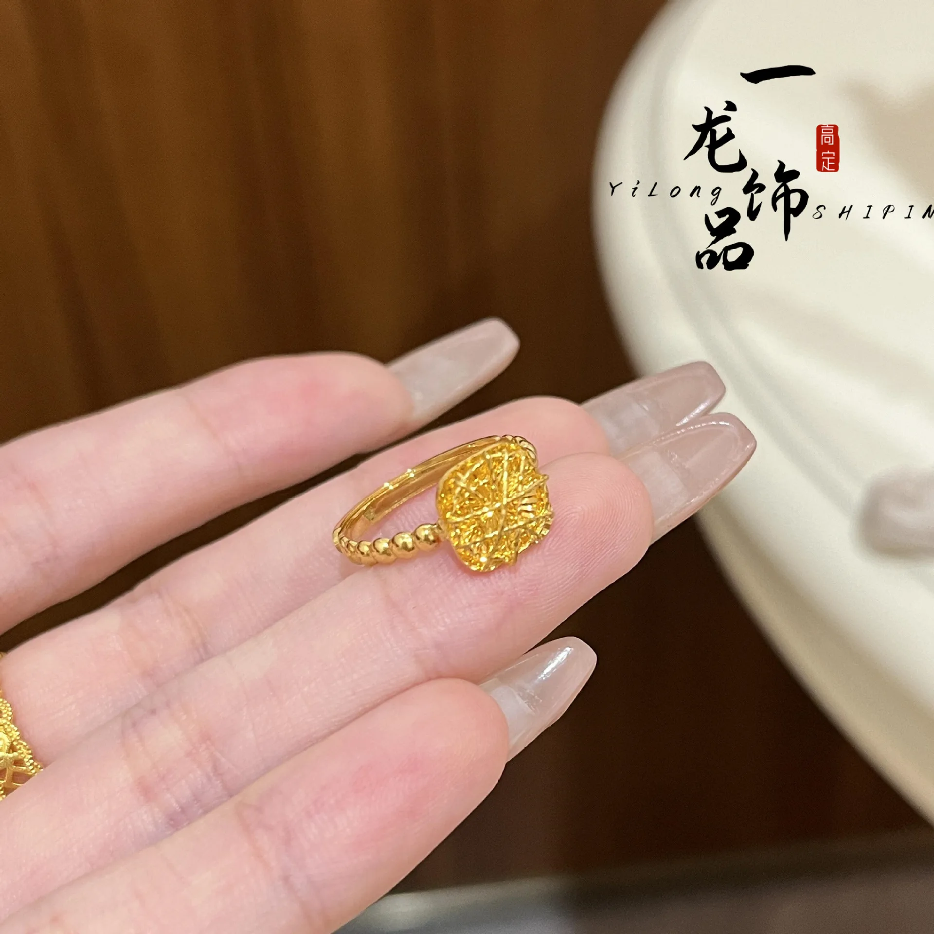 Vietnamese Sand Gold Hollow Small Square Sugar Ring Light Luxury Sparkling Copper Gold Plated Brushed Adjustable Finger Ring For