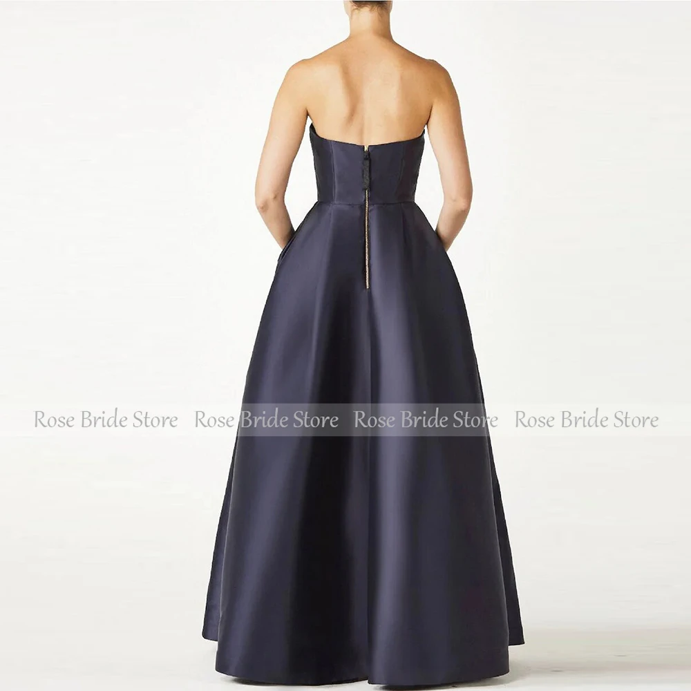 Classic Party Dress Navy Blue Satin Contrast Color Bow Ruched Bespoke Occasion Gown A-line Strapless Formal Dress Women Elegant