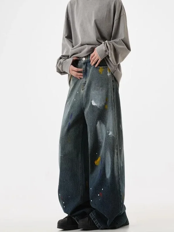 

American Retro fiti Jeans Loose Straight Leg Wide Leg Pants Casual High Street Long Trousers for Men And Women