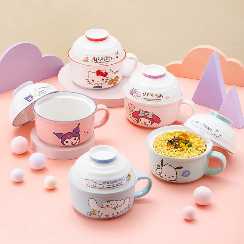 

Sanrio Kawaii Hello Kitty Ceramic Instant Noodle Bowls Pochacco Kuromi Cinnamoroll Anime Cartoon Home Tableware Bowls with Lid