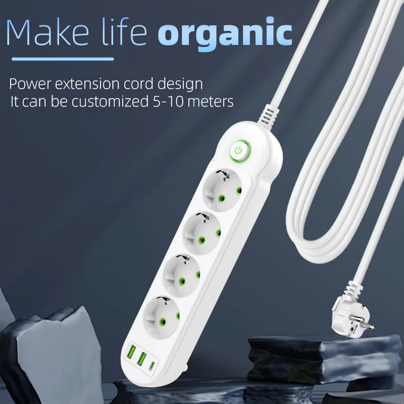 EU Plug Power Strip with USB Ports Extension 2M Cord Socket Network Filter Round Pin AC Outlet 2500W Electrical Charge Adapter