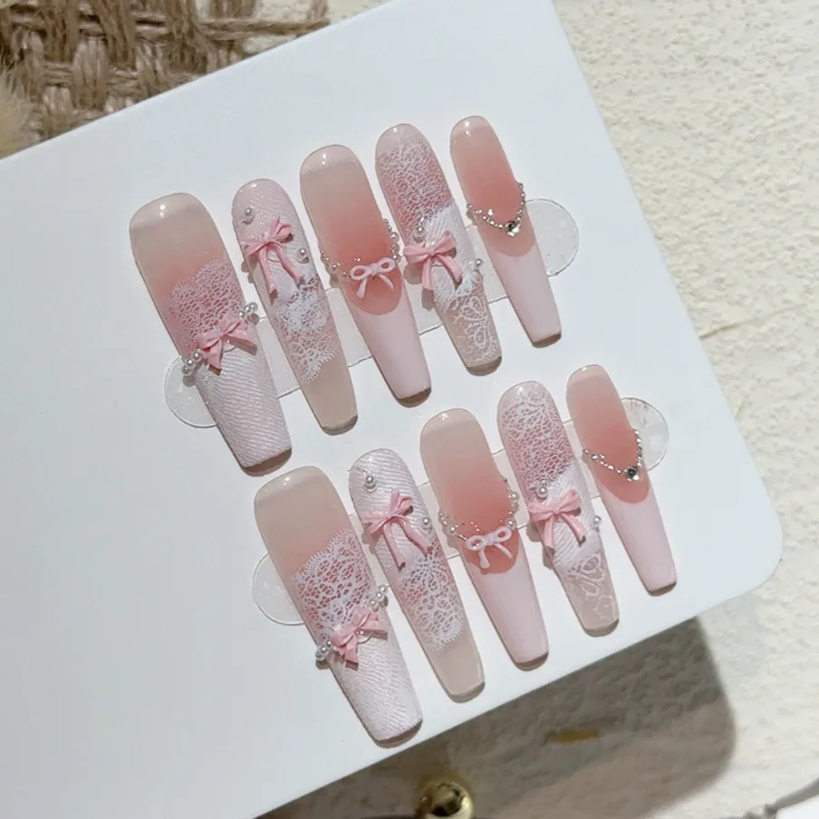 10PCS Pink Cowboy Print Lace French Handmade Press On Nails Sweet Bow Blush  Long Nail Art Kawai Doll Cute Gentle Fake Nails - AliExpress 66