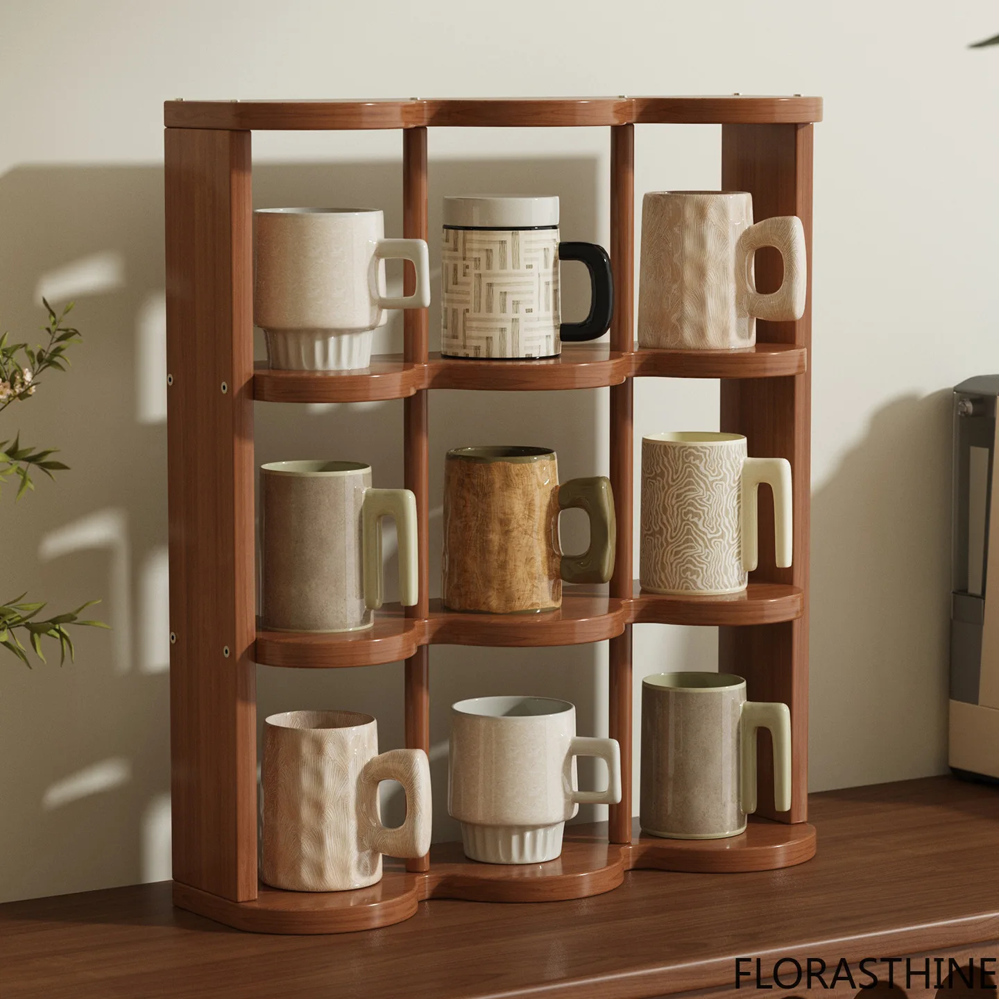 Wood Multi-layer Cup Holder Mug Teacup Storage Rack Display Ornament Shelf Multi-purpose Jiugongge Shelf Organizer Kitchen Rack