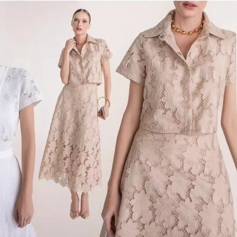 

Lace Two-Piece Set 2025 Summer French Style Floral Embroidery Hollow Short Sleeve Shirt High Waist A-Line Skirt Long Skirt