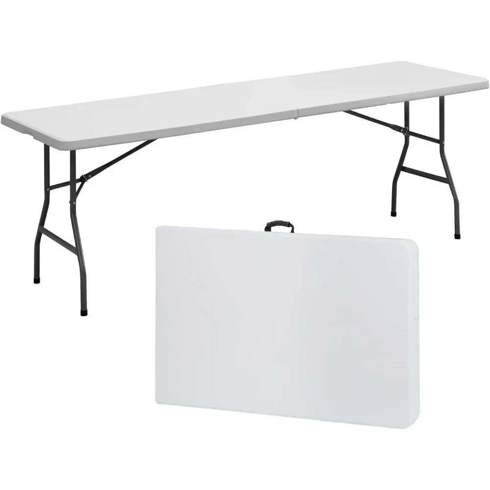 

Folding table, 96" deep x 1" wide x 30" high, metallic white top and black stand, can be used for outdoor picnics and birthdays